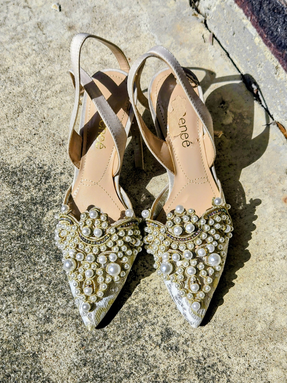 J.Renee Ivory Pearl-Embellished Pointed Slingback Heels